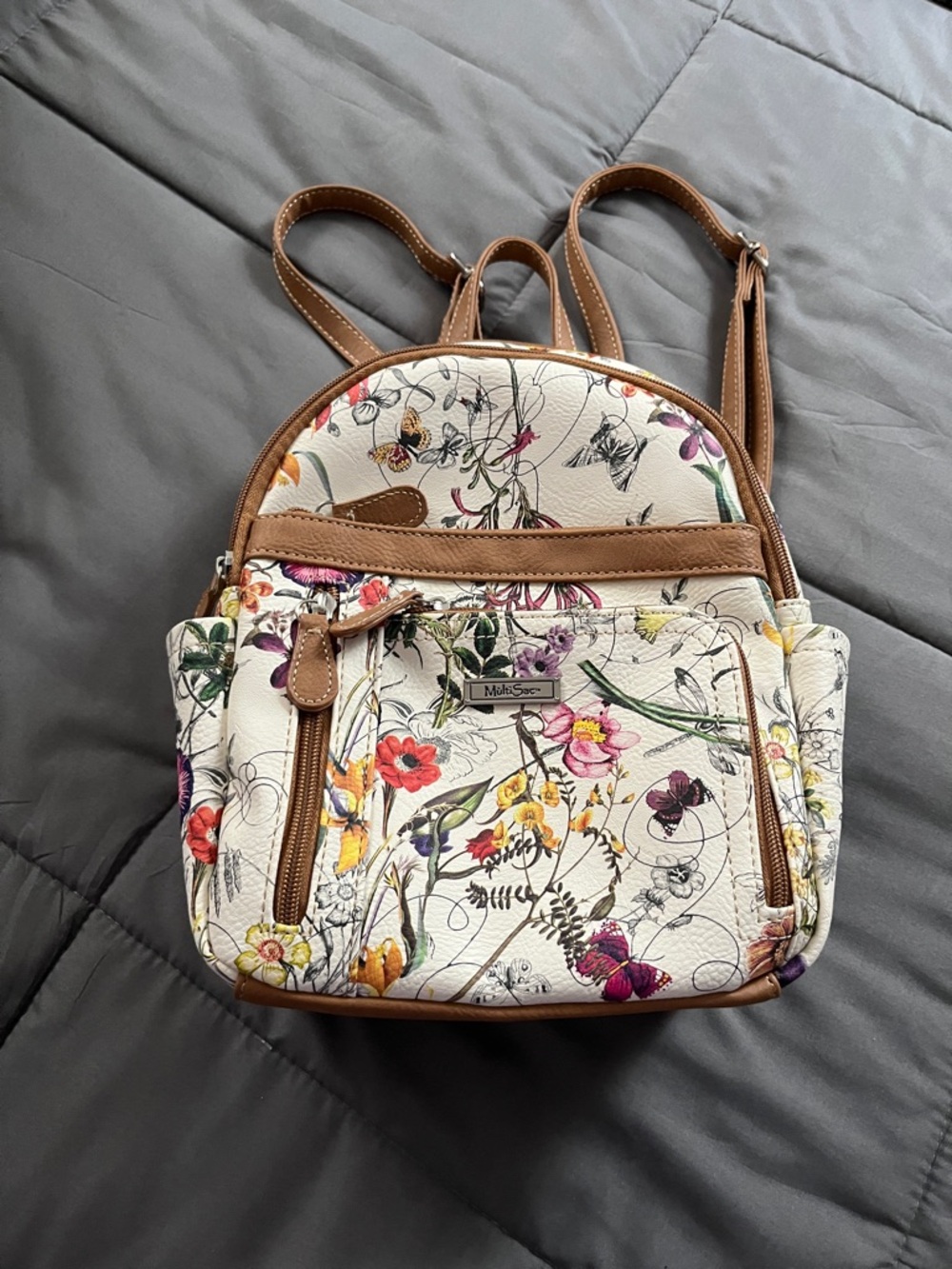 Floral Mini Backpack - White with Brown Trim